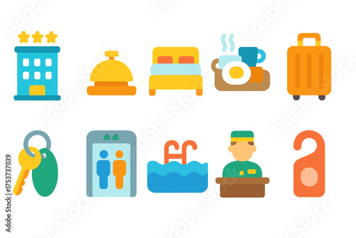 Travel, tourism flat icon set. vacation, lodging, accommodation colorful flat icons