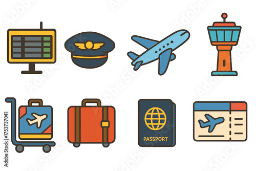 Travel and tourism flat icon set. vacation, aviation, luggage, passport, and flight symbols.