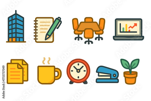 Office essentials icon set. outline style icons for productivity and organization.