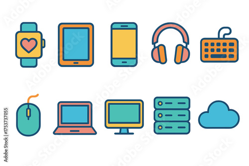 Technology and gadgets icon set. flat electronics, devices, and cloud icons collection