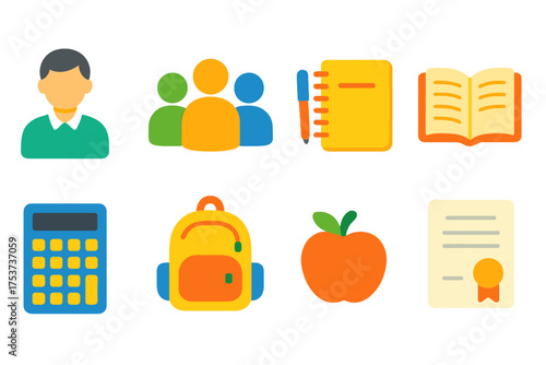 Education-themed flat icon set. school, learning symbols flat vector collection.