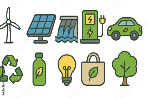 Eco-friendly flat icon set. nature, sustainability, renewable energy icons collection