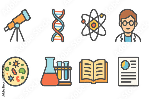 Science, education flat icon set. biology, chemistry, physics, and learning icons collection