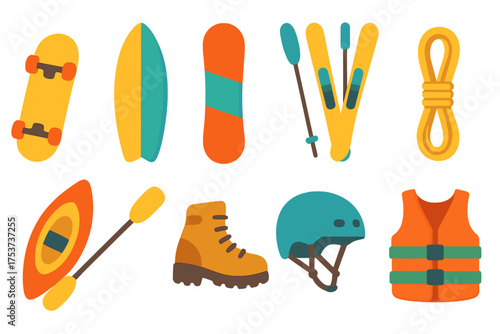 Adventure sports flat icon set. skateboarding, kayaking, and climbing icons collection