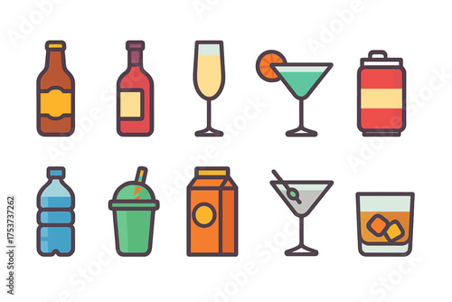 Drinks and beverages icon set. collection of colorful flat beverage icons.