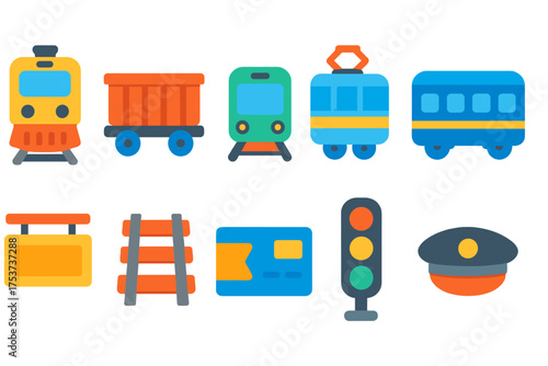 Transportation flat icon set. train, railway, metro, and traffic elements collection