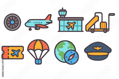 Travel and tourism icon set in filled style. vacation, transport, adventure icons.