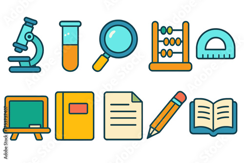 Education tools icon set. school, learning, study materials linear icons collection