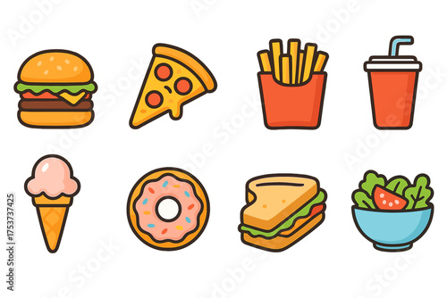 Fast food icon set: flat style icons featuring popular snacks and beverages
