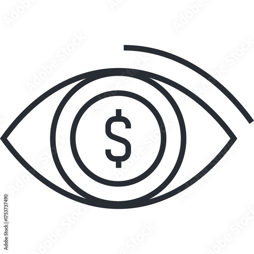 Outline of an eye with a dollar sign in the pupil symbolizing financial vision and economic focus on a transparent background