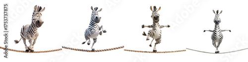 Adorable zebra balancing on a tightrope, showcasing circus skills and playful animal antics in a charming, whimsical style, perfect for kids' content and entertainment projects