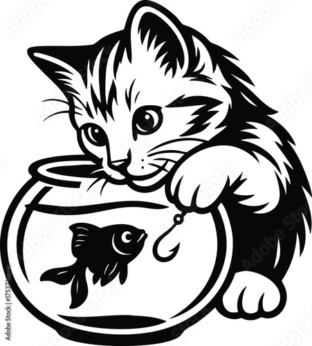 Cute kitten peeking into a fishbowl with a goldfish inside, playful black cat silhouette design