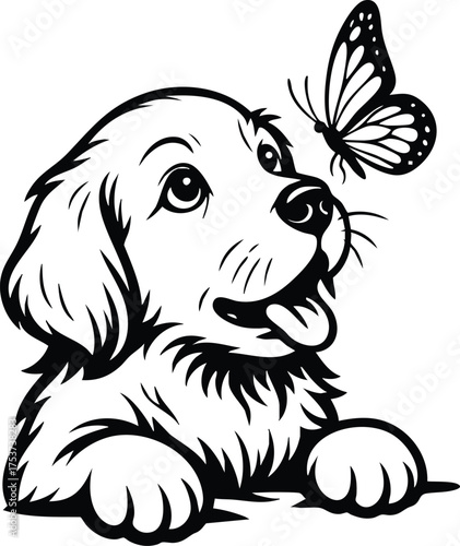 Adorable golden retriever puppy gazing at a butterfly, minimalist black silhouette vector