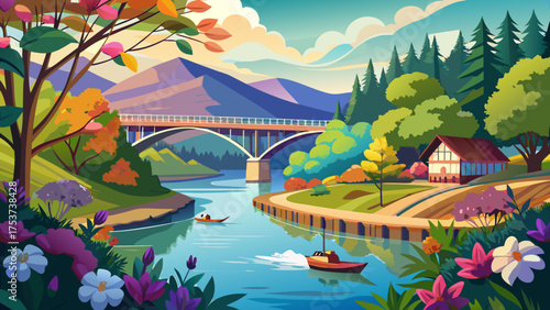 Very beautiful view of the Broad River from Lake Lure Flowering Bridge in Lake Lure, North Carolina, surrounded by colorful blooms, lush greenery, and peaceful mountain scenery.