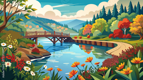 Very beautiful view of the Broad River from Lake Lure Flowering Bridge in Lake Lure, North Carolina, surrounded by colorful blooms, lush greenery, and peaceful mountain scenery.