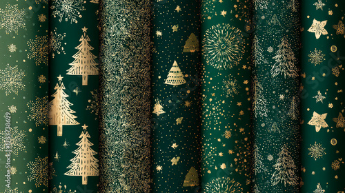 Holiday, Christmas, and New Year's dark green seamless pattern set with stars, snowflakes, and Christmas trees. Loopable banner, background, wrapping paper, and textile designs 