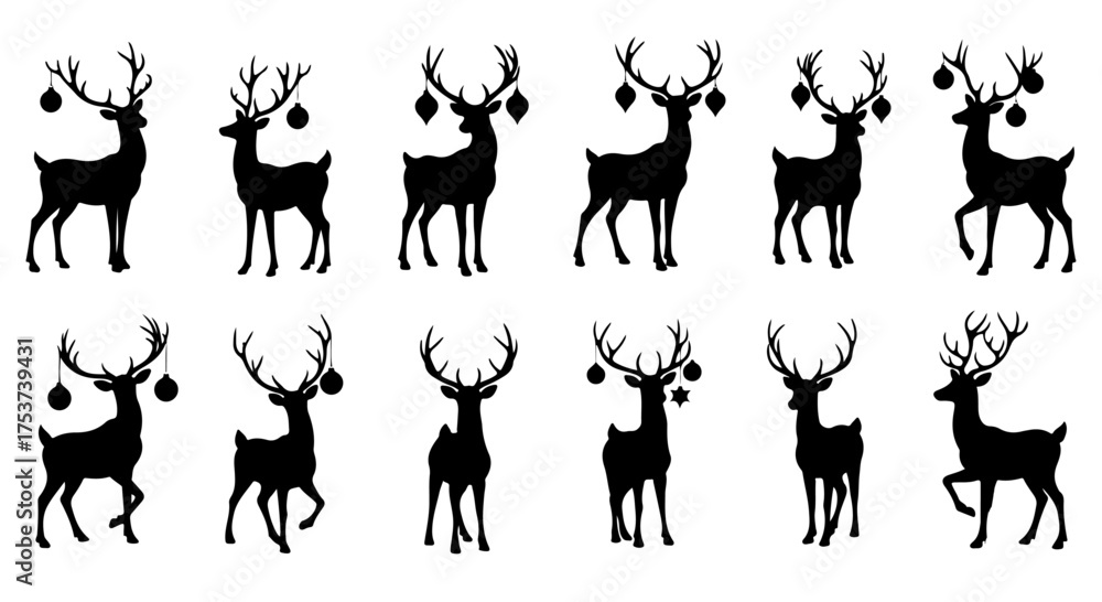 Obraz premium Festive reindeer silhouettes with decorative ornaments perfect for adding a touch of winter wonderland charm to your holiday designs and seasonal projects