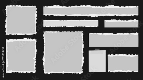 Big set of white torn paper sheet, ripped newspaper strip, retro texture background, text message banner, sticky note and grunge notebook page collage with uneven edge and realistic shadow. Torn paper