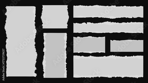 Big set of white torn paper sheet, ripped newspaper strip, retro texture background, text message banner, sticky note and grunge notebook page collage with uneven edge and realistic shadow. Torn paper