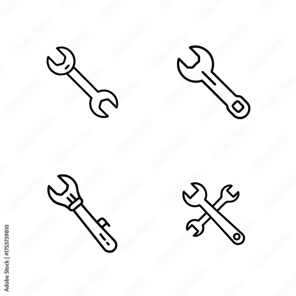 Naklejka premium Tape Measure and Wrench Tool Icon Set, Measurement Tape and Hand Tool Taskbar Icons Bundle, Construction Tools Line Icon Pack with Wrench and Tape, Repair and Measurement Tool UI Icon Set, Minimal Too