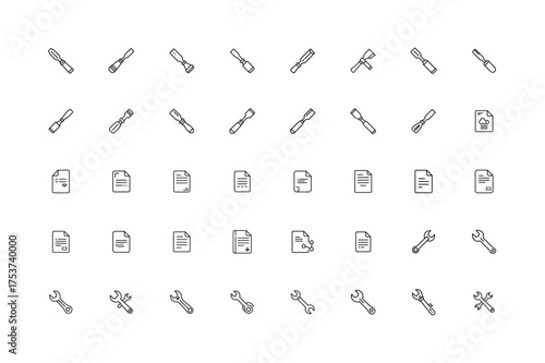 Tape Measure and Wrench Tool Icon Set, Measurement Tape and Hand Tool Taskbar Icons Bundle, Construction Tools Line Icon Pack with Wrench and Tape, Repair and Measurement Tool UI Icon Set, Minimal Too