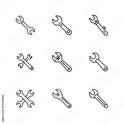 Tape Measure and Wrench Tool Icon Set, Measurement Tape and Hand Tool Taskbar Icons Bundle, Construction Tools Line Icon Pack with Wrench and Tape, Repair and Measurement Tool UI Icon Set, Minimal Too