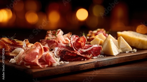 Artisan charcuterie board featuring assorted cured meats and cheeses with warm bokeh background