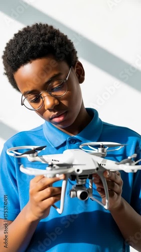 Vertical video of a young African American boy holding a drone. A teenage student learning about modern technology. STEM education and future hobbies concept