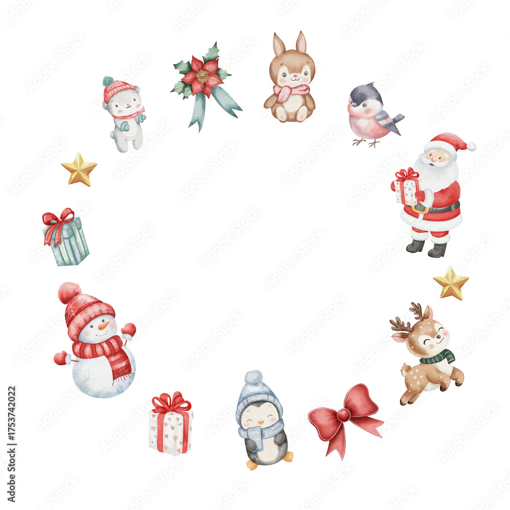 Fototapeta premium Watercolor Christmas wreath. round frame snowman in red hat, reindeer, penguin, Santa Claus, bear, bunny, bullfinch, gifts, gold star, red bow and poinsettia. white background with empty for text.