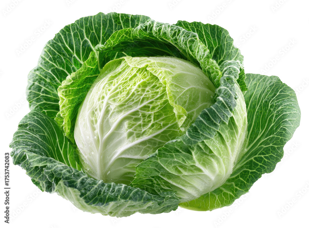 Fototapeta premium Close-up of a head of fresh cabbage. Bright green leaves tightly encircle a pale-green, round core