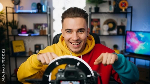 Happy male vlogger recording a video for social media. Young content creator smiling and pointing at the camera in his home studio. Online influencer concept