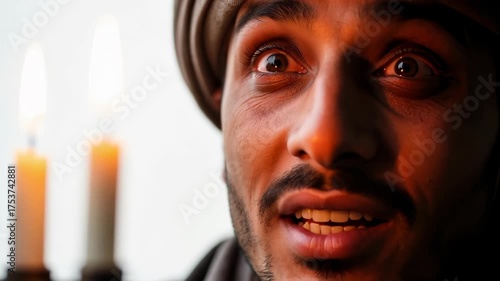 A man's face in candlelight shows a sudden expression of surprise and realization. Close-up of a historical character having a brilliant idea or moment of epiphany