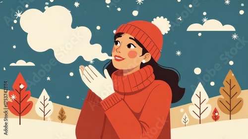 Animated woman breathing in the cold winter air. Illustration of a girl in a red hat enjoying the falling snow. Seasonal holiday motion graphic