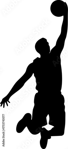 Dynamic basketball player silhouette soaring mid-dunk, embodying athleticism and competitive spirit, perfect for sports branding and energetic designs