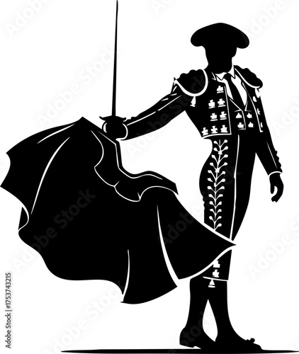 Dynamic matador in traditional costume commands attention with cape and sword, embodying Spanish heritage and bravery in a powerful stance.