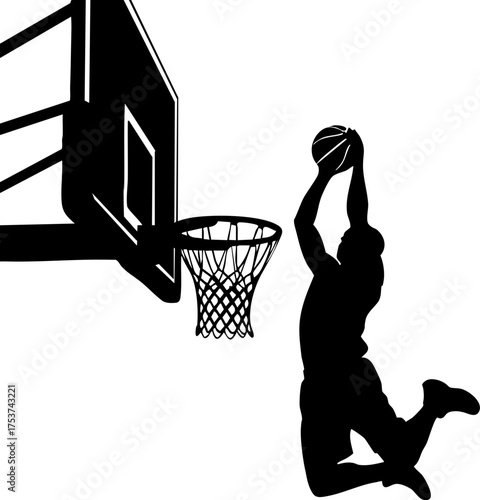 Dynamic basketball player soaring for a powerful dunk, capturing athletic energy and competitive spirit on the court