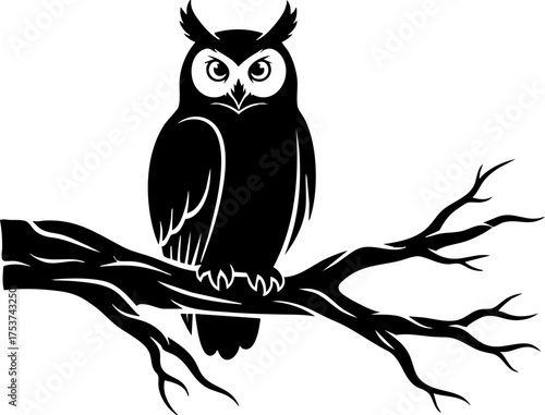 Majestic black owl perched serenely on a stark, silhouetted tree branch, embodying wisdom and nocturnal mystery.