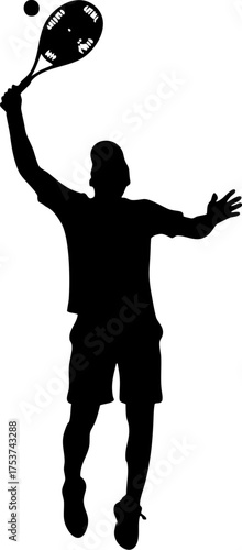 Dynamic male tennis player leaping mid-air to powerfully serve ball, capturing athletic action and competitive spirit in sport.