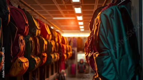 Colorful backpacks hanging in the store aisle are ready for outdoor adventures and school supplies shopping. 4k video