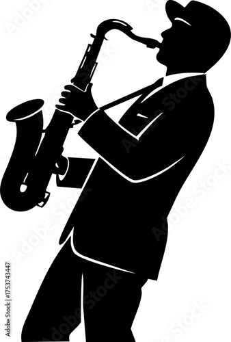 Sticker Dynamic jazz musician passionately plays saxophone, embodying soulful rhythm and captivating performance in a timeless silhouette