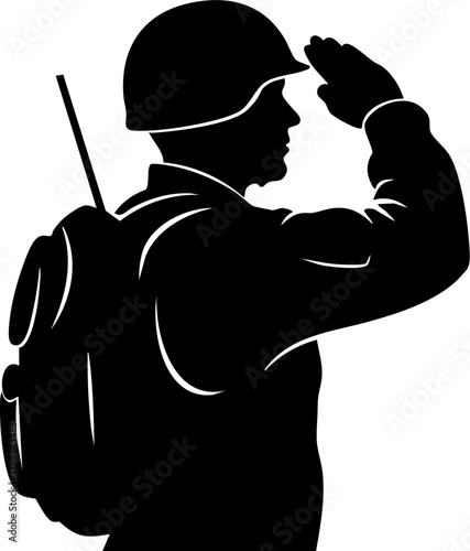Heroic soldier saluting with backpack and radio, symbolizing courage, duty, and patriotic service in a powerful silhouette