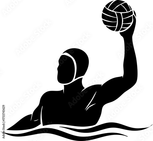 Dynamic water polo player powerfully throwing ball in competitive aquatic sport action, athletic swimmer aiming for goal.