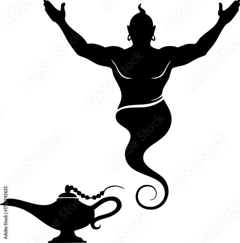 Mysterious genie emerges from ancient lamp, offering wishes and magical power, perfect for fantasy or storytelling themes.