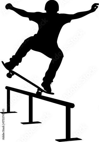 Dynamic skateboarder executes thrilling rail grind mid-air, capturing extreme sports adrenaline and urban culture energy