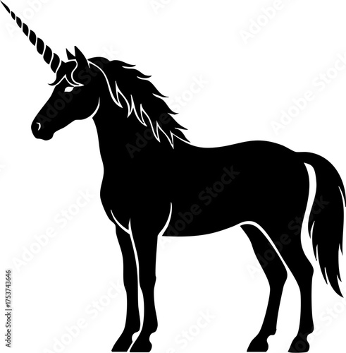 Majestic black unicorn silhouette stands proudly, symbolizing fantasy, myth, and magical dreams for enchanting storytelling and design projects.