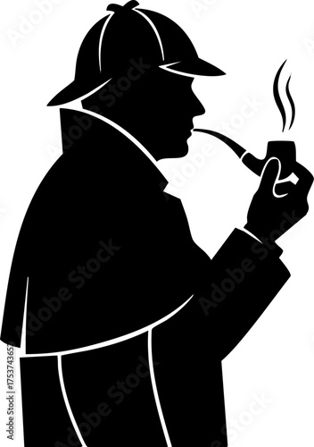 Intriguing detective silhouette smoking pipe, contemplating mysteries with iconic hat and trench coat, exuding classic noir charm for investigative themes.