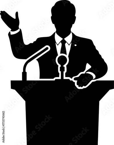 Confident speaker commanding attention at podium, delivering impactful presentation with dynamic gestures for corporate success