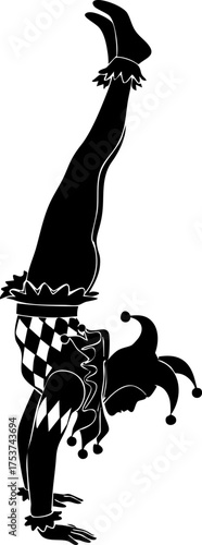 Dynamic jester performing acrobatic handstand with whimsical costume and bells, capturing playful energy and theatrical flair