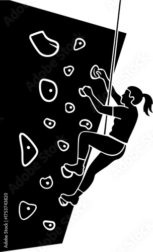 Dynamic female climber ascends challenging rock wall, showcasing strength, determination, and outdoor adventure in a thrilling vertical pursuit.