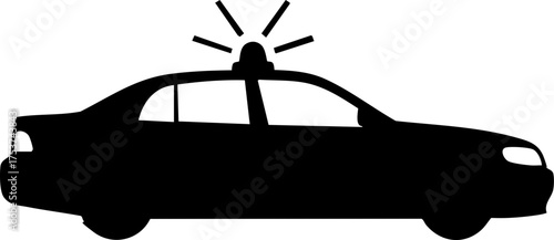 Sleek black silhouette of a police car with flashing lights activating for urgent duty or emergency response.